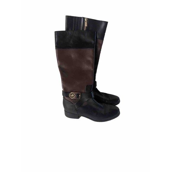MICHAEL KORS Tall Fulton Black Brown Leather Harness Knee High Boots Women 6.5M - Picture 3 of 16